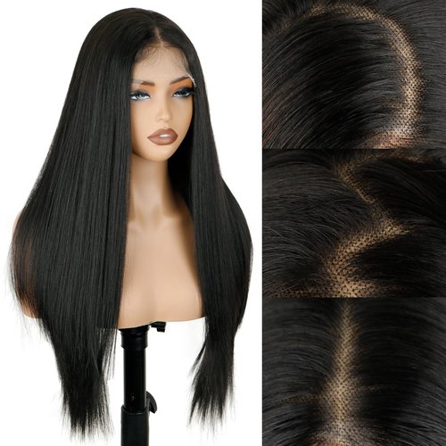 Kurope 13x4 Synthetic Lace Front Wig for Women Black Long Straight Lace Wig Pre-Plucked with Baby Hair 26inch Lace Wigs for Beginner Friendly