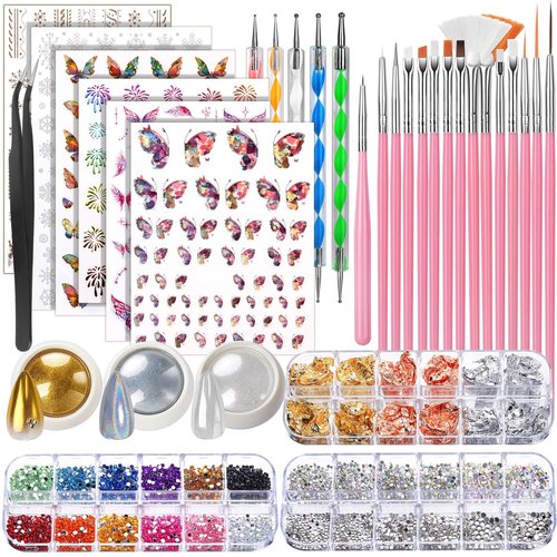 FANDAMEI Nail Design Kit, Nail Art Kit, 15 PCS Nail Brushes For Nail Art, Nail Art Tools, Rhinestones For Nails, Nail Stickers, Pearl Chrome Nail Powder, Chrome Powder For Nails, Nail Design Tools
