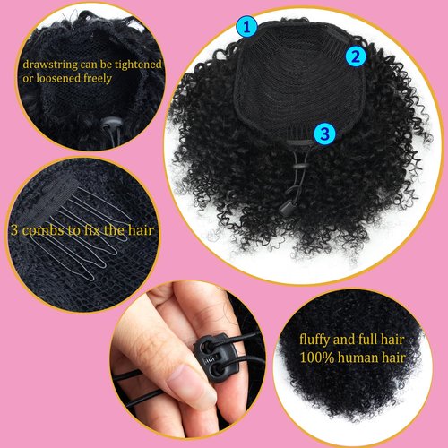 VADES Black Ponytail Extension Human Hair Drawstring Ponytail for Black Women Kinky Curly Short Afro Puff Hair Ponytail 100% Brazilian Virgin Hair #1 Jet Black 8 inch With 3 Stable Combs