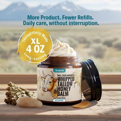 JWAENN Whipped Tallow and Honey Balm – Grass-Fed Beef Tallow for Skin, Face & Body Moisturizer for Dry and Sensitive Skin, Fast-Absorbing, Non-Greasy – 4 oz