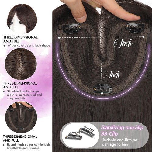 Eawwii Hair Topper for Women Clip in Bangs – 18 Inch Medium Length Straight 360° Full Coverage Dark Brown,Synthetic Natural Looking Piece for Thinning Hair