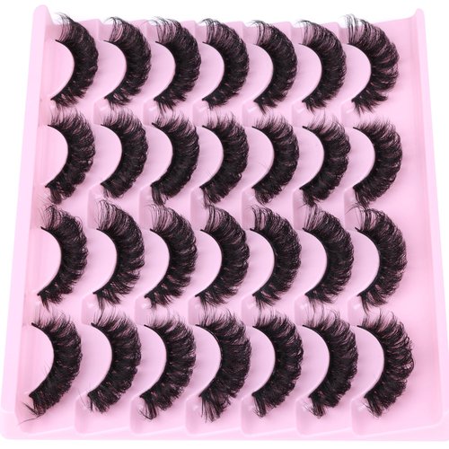 False Eyelashes Volume Russian Strip Lashes D-Curly Fake Eyelashes Extension Wispy Cat Eye Lashes Handmade Soft Reusable 14 Pairs Lashes Pack