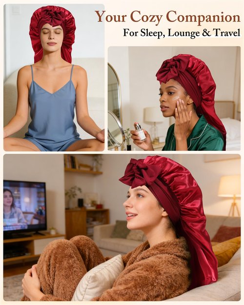 AWAYTR Long Satin Bonnet for Women - Double Layer Elastic Silk Bonnet for Braids Hair Sleeping Cap with Tie Band (Wine Red)