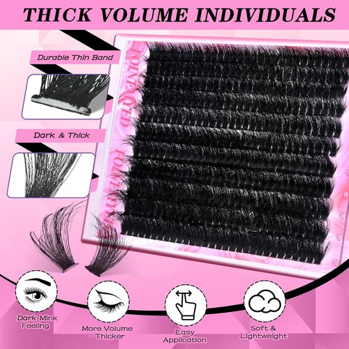 Lash Clusters Kit 330Pcs 200D Thick Lash Extension Kit Mega Volume Eyelash Extensions Kit 12-22MM Long Eyelash Extensions D Curly Individual Lashes Kit DIY at Home by FOINEMYED