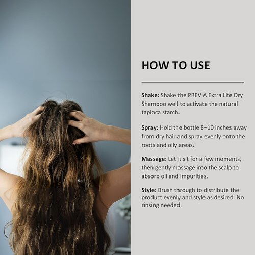 PREVIA Extra Life Dry Shampoo - Instant Scalp Refresh with Natural Tapioca Starch | Absorbs Oil & Impurities | 6.76 oz