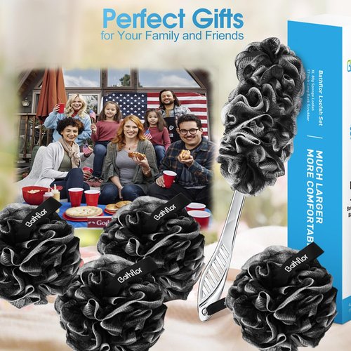 Bathflor Loofah Sponge Exfoliating Body Scrubber: 4PCS Extra Large 80g Shower Loofahs Poufs, 1PCS Long Handle Loofa Back Scrubber, 1PCS Luffa Hook, Charcoal Loofah Pack for Women Men Bath Wash, Black