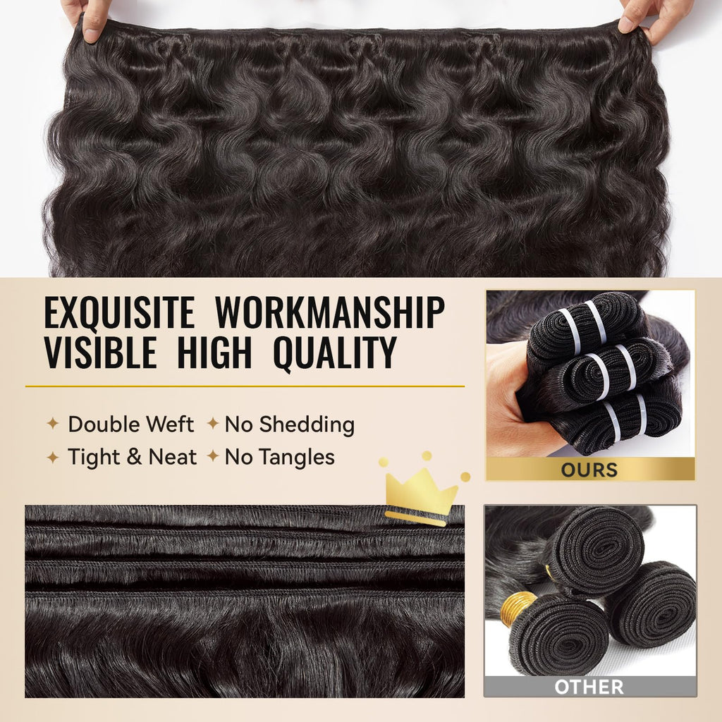 WEQUEEN Bundles Human Hair Body Wave 16A Brazilian Virgin Hair Bundles, Silky and Soft, 16 Inch Thick Weave Natural Black
