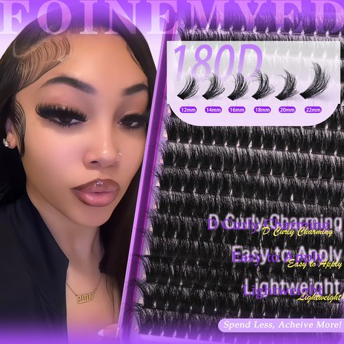 Thick Lash Clusters 180D Mega Volume Lash Extension 12-22mm Long Cluster Eyelashes Volume Individual Lashes D-Curly Faux Mink Eyelash Extension DIY Lash Extension for Beginners by FOINEMYED