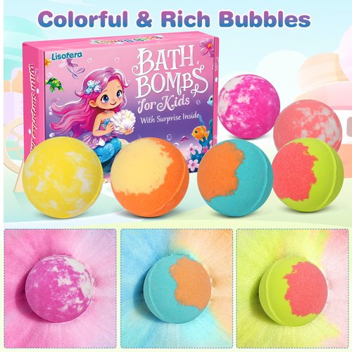 Girls Bath Bombs with Toys Inside for Kids, 12 Pcs Natural Mermaid Princess Bubble Bath Bomb with Jewelry Surprise Inside, Christmas Easter Basket Stuffer Valentines Day Birthday Gift Set