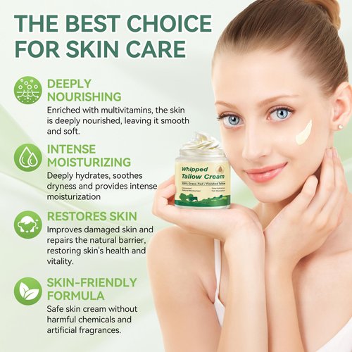 Letscarey Beef Tallow for Skin, Organic Grass Fed Whipped Beef Tallow Balm for Face & Body, Natural Unscented Tallow Face Moisturizer Cream Deeply Nourishes and Hydrates the Dry Skin, 4oz