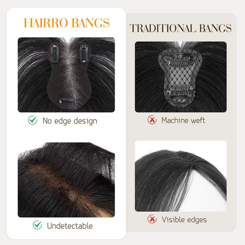 Hairro Human Hair Toppers For Women No Bang Middle Part Side Bangs Hair Clip Wispy Thin Short Wiglet Hairpieces 11 Inches 14g #1B Natural Black