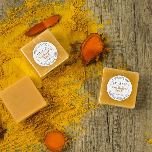 LIYALAN Turmeric Soap Bar 3.88 oz each Bar for Face and Body evens out skin tone,Smooth Skin,Cleansing Handmade Soap contains 3 bars with a fresh ginger and lemongrass scent