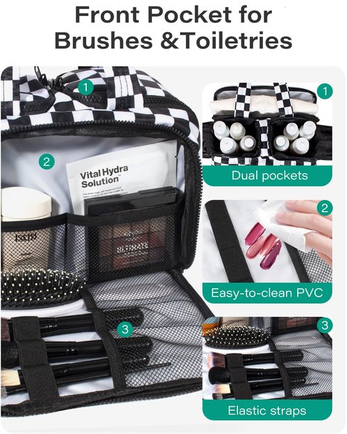Travel Toiletry Bag, Spacious Checkered Toiletry Bag for Women,Large Toiletry Bags for Traveling,Lightweight Travel Cosmetic Makeup Bag Organizer for Accessories,Toiletries (Black and White Checkered)
