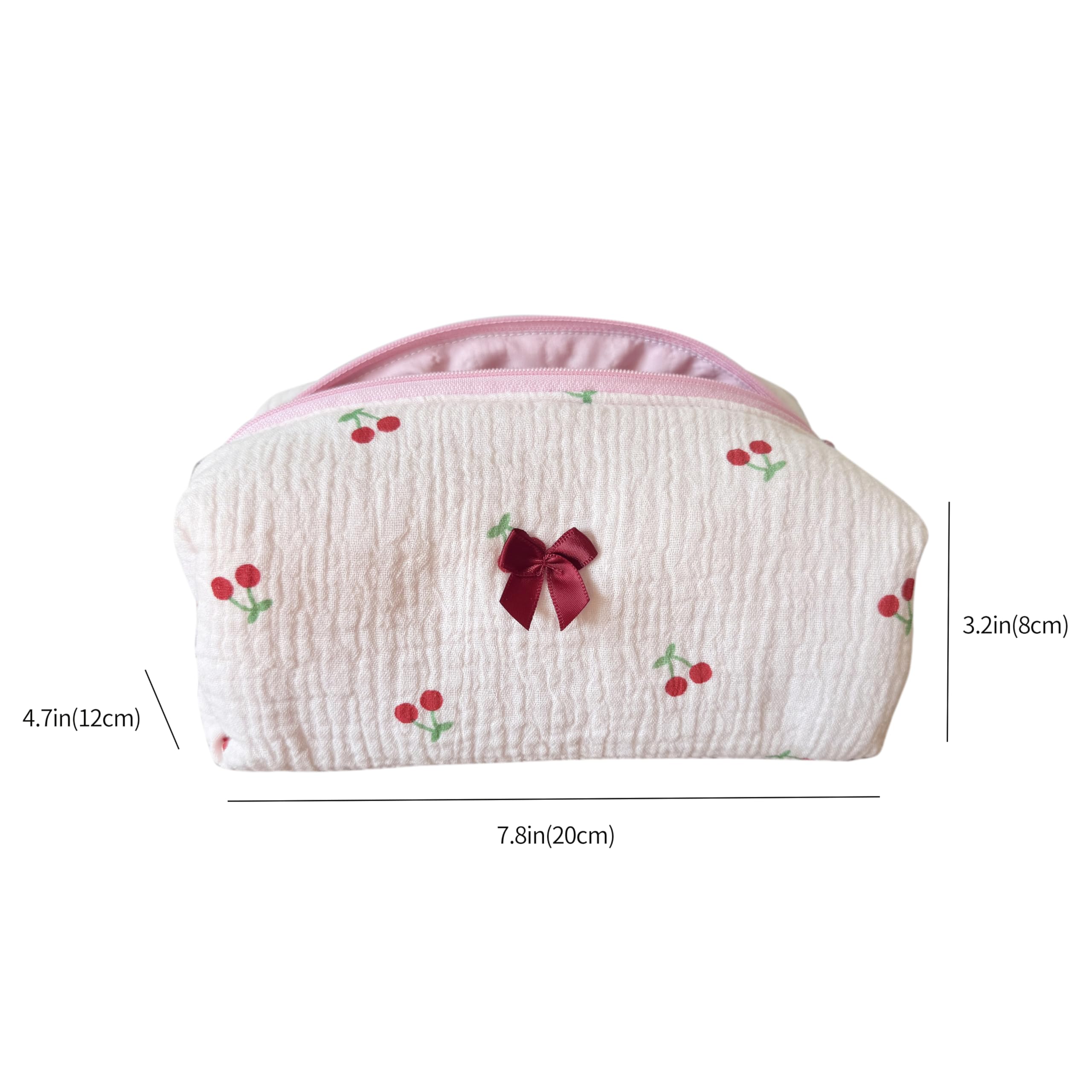 ZUNUONUO Handmade Quilted Cotton Makeup Bag for Women - Cute Cosmetic Pouch, Travel Toiletry & Make Up Organizer, Coquette Aesthetic Skincare Bag, Travel Essentials (Cute Cherry)