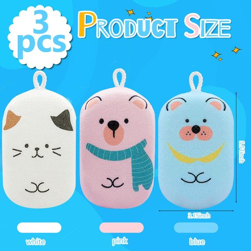 JieLiLeHome Baby and Kids Bath Loofah Sponge, Soft and Absorbent Toddler Exfoliating Body Scrubber Shower Loofa Sponge,Cute Pattern Design for Kids Baby Women Boys and Girl, 3 Pack (Bear/Dog/Cat)