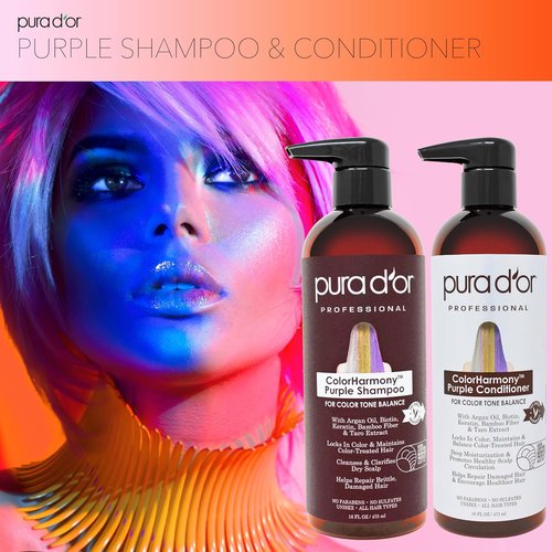 PURA D'OR ColorHarmony Purple Shampoo - 16 Oz for Bleached, Blonde & Silver Hair | Sulfate-Free, Natural Ingredients