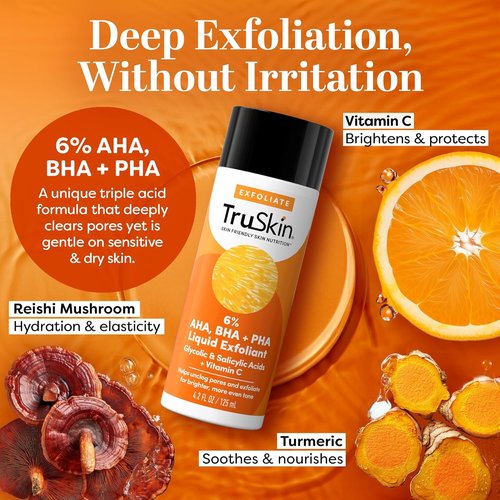 TruSkin BHA Liquid Exfoliant & Toner - Triple Acid AHA BHA PHA Formula with Salicylic & Vitamin C - 4.2 fl oz