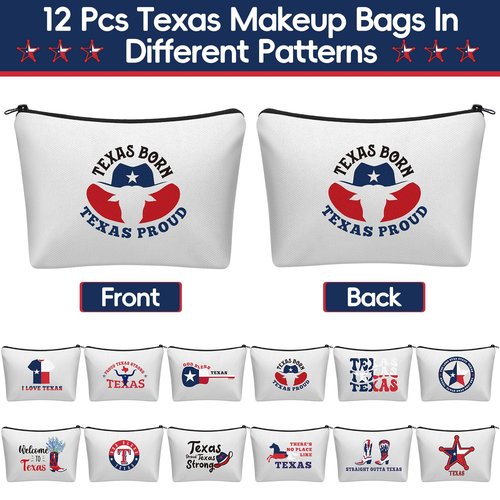 Bulyoou 12 Pcs Texas Souvenirs Gifts Novelty Cosmetic Makeup Bag Gift Red White Blue Zipper Pouch Bag Texas State Independence Day Gifts for Women Home Birthday Party Favors