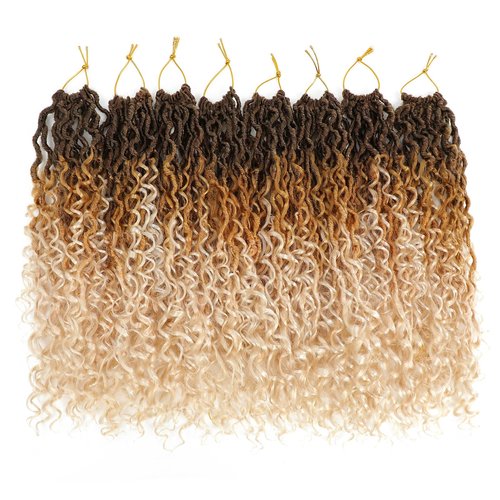 Goddess Locs Crochet Hair 18 Inch 7 Packs Faux Locs Ombre Boho Synthetic Pre Looped Crochet Braids Curly Ends (4/27/613)