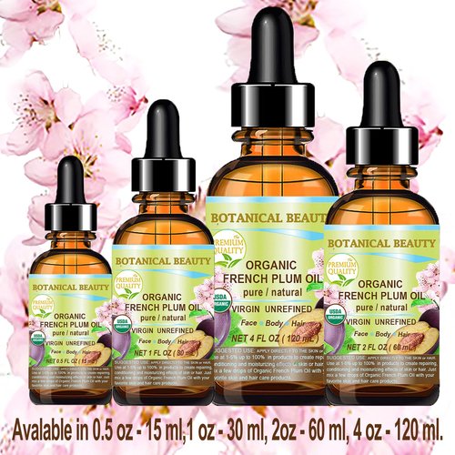 Botanical Beauty Organic French PLUM OIL 100% Pure Natural VIRGIN UNREFINED Cold-Pressed Carrier Oil for Face, Skin, Body, Hair, Lip, Nails. Rich in Vitamin E, Omega 6, Omega 9 (4 Fl Oz)