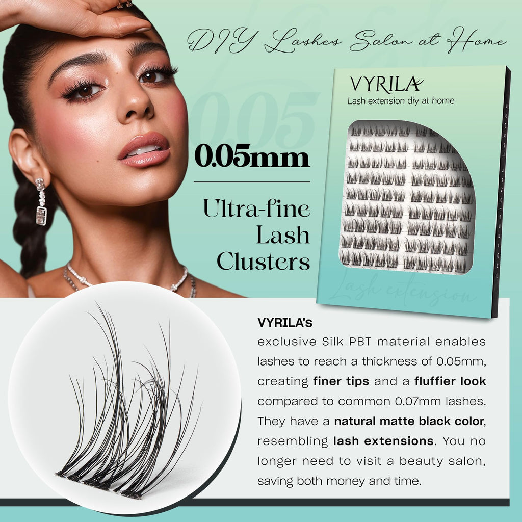 VYRILA Lash Clusters Kit 0.05mm Individual Lashes, 3D Wispy Lashes, 0.1mm Super Thin Band Resuable Natural Lashes,D Curl Faux Mink Lashes,120pcs Lash Extension (Green Charm-D-0.05-8-16mix-Kit)