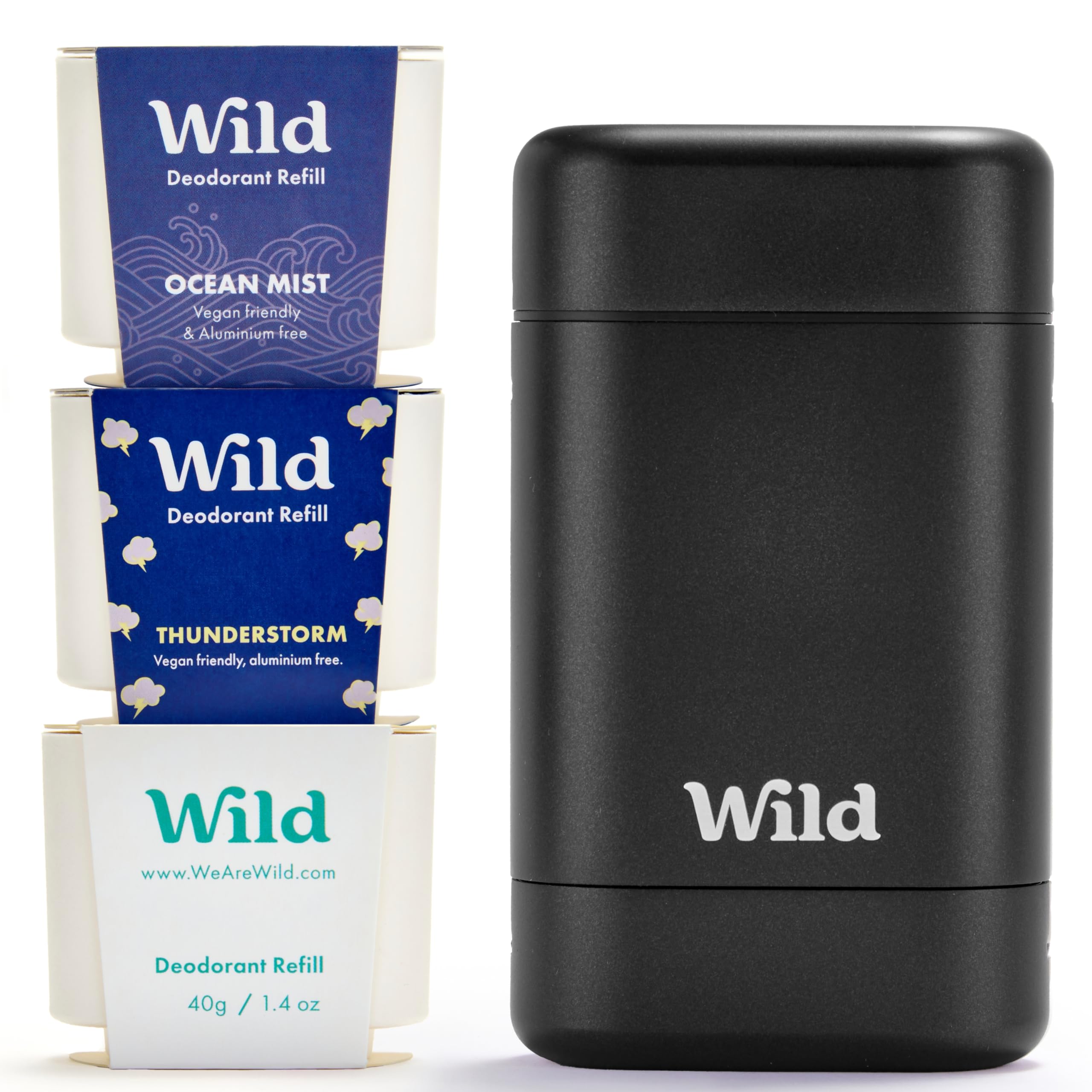 Wild Aluminum Free Deodorant for Men Starter Kit - Refillable Stick Deodorant with Black Applicator Case & Vegan Refill Variety Pack - Fresh Cotton & Sea Salt, Ocean Mist & Thunderstorm Clean Scents