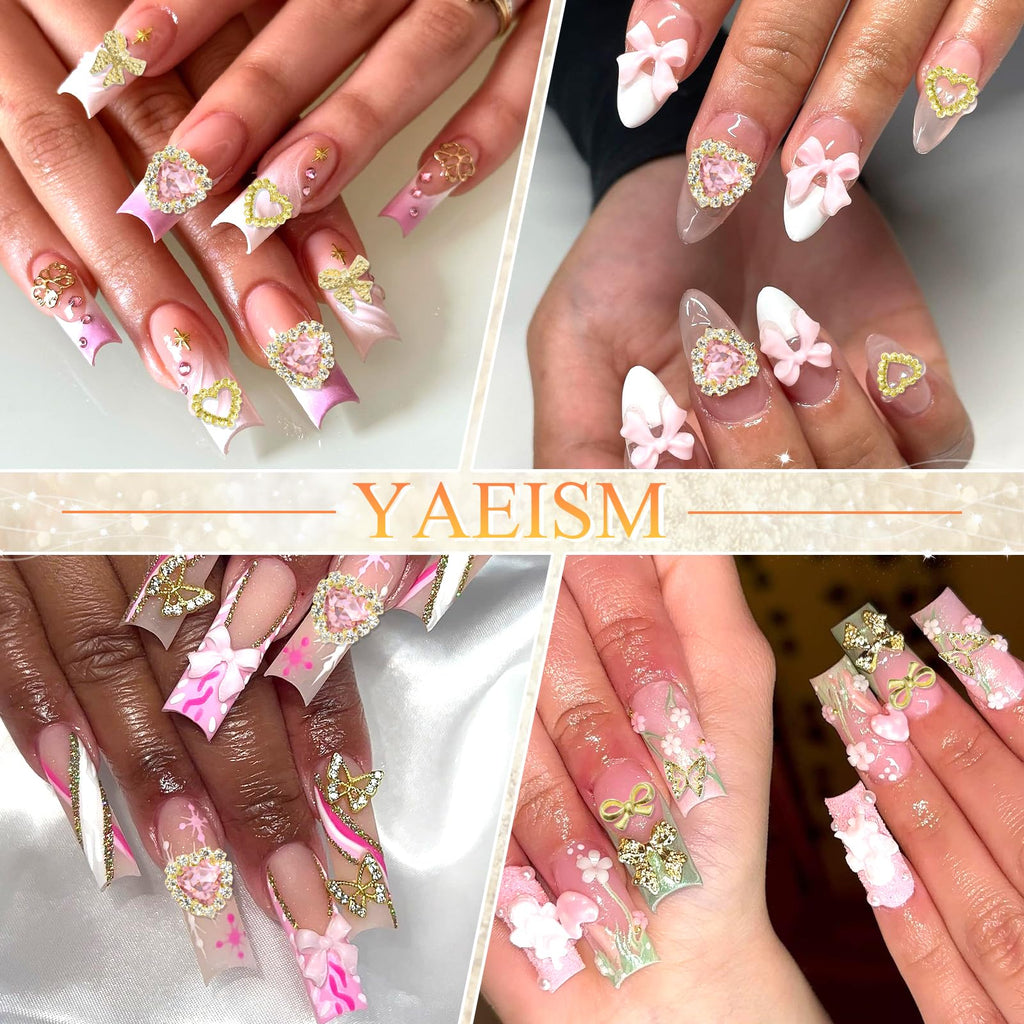 YAEISM 180PCS Gold Nail Charms: Cross Crystal Star, 3D Gold Butterfly, Sparkly Crown, Shiny Dollar Sign, Bling Cross Bowknot Starlight for Nail Art and DIY
