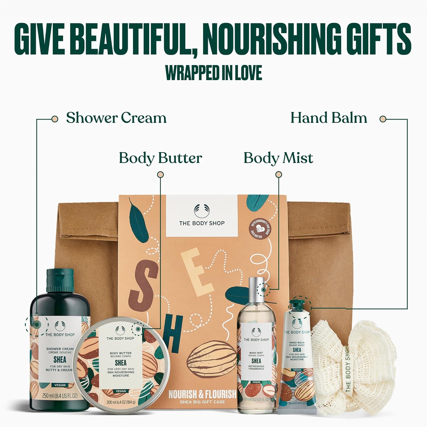 The Body Shop Nourish & Flourish Shea Body Care Gift Set - Vegan 5-Piece Collection for Ultimate Hydration