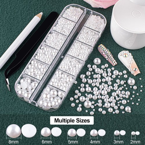 Flat Back Rhinestones&Pearls Kits Round Glass Crystal Transparent White Gems+White Pearls with Quick Dry Makeup Glue+Picker Pencil+Tweezer for Nail Art and Face Eye Body Make-up