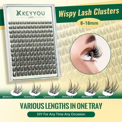 KEYYOULASH Lash Clusters Kit Thick 120pcs 8-18MIX Lash Extension Kit Volume Lash Clusters with Bond and Seal,Remover,Applicators for DIY Eyelash Clusters at Home (KY03 Kit)