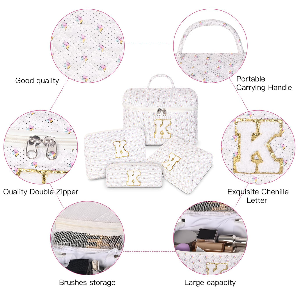 XUJKK Personalized Initial Makeup Bag, Quilted Cosmetic Bag, Large Floral Make Up Bag for Women, Cotton Makeup Bag Set, Flower Travel Toiletry Bag | Birthday Gifts for Women Daughter Gifts F