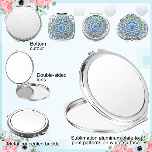 Jetec 12 Pcs Sublimation Blanks Products Small Compact Mirror Bulk Heat Transfer Folding Pocket Makeup Mirror Heart Round Square Double Sided Handheld Sublimation Mirror for Women Gift Purse Travel
