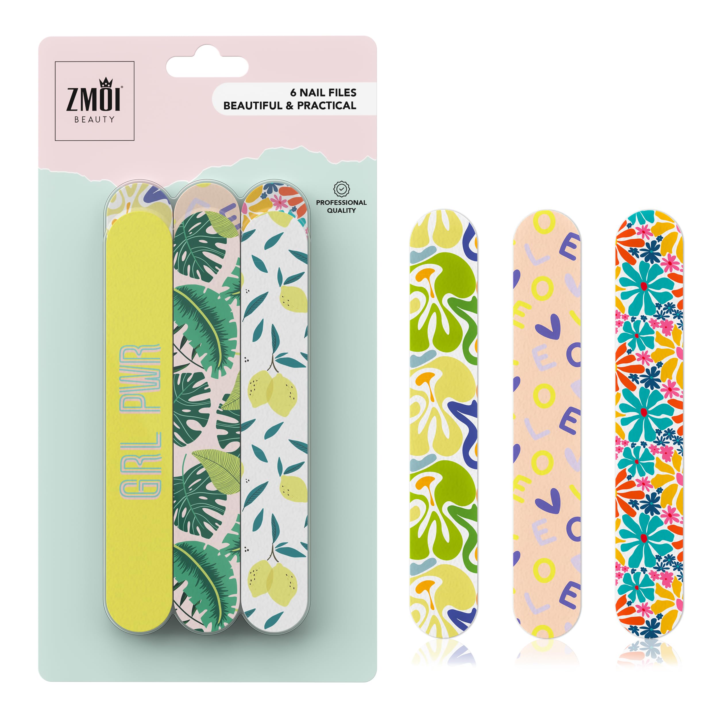 ZMOI Nail Files - Professional Medium Emery Boards 6 Dual-Sided Medium, Fine Grit for Natural/Acrylics - Nail Shapers to Smooth/Refine Nails (Pack of 2)