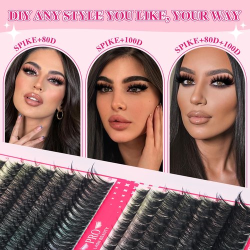 PROLASHBEAUTY Lash Clusters with Spikes 80D 100D Manga Lash Clusters Kit Spiky Eyelash Clusters Lash Bond and Seal Lash Remover Lash Tweezer Apply at Home(80D+100D, 8-18mix)