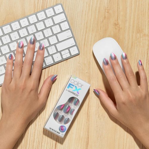 KISS imPRESS Press-On Nails - ColorFX 'Fly Up' Silver, Short Oval Shape, 30 Nails & Accessories Included