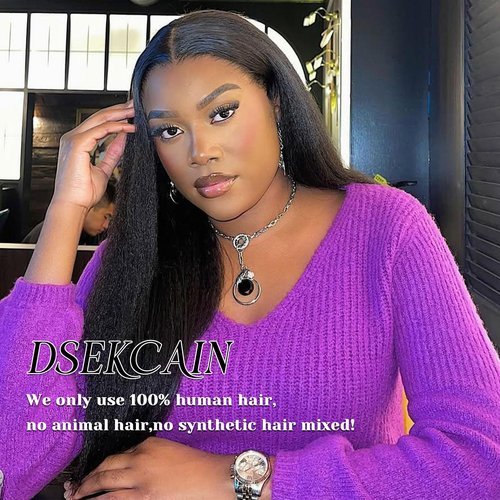 DSEKCAIN Kinky Straight Lace Closure 2x6 HD Lace Closure Yaki Straight Human Hair Transparent Middle Part Long Parting 100% Real Human Hair Natural Black Color 14 Inch