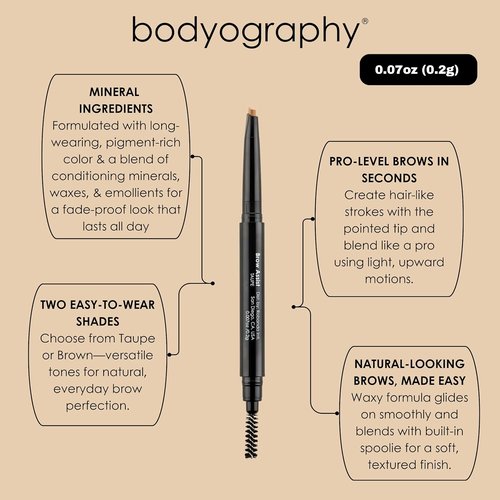 Bodyography Brow Assist - Triangular Tip Eyebrow Pencil in Brown | Defines, Fills & Shapes Brows | Vegan Formula with Castor & Coconut Oil