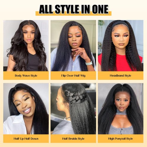 3 in 1 Half Wig Kinky Straight synthetic for Women 200% Density Glueless Wear No Lace Flip Over Half Wig Seamless Clip In Wigs (24inch)