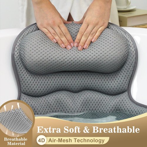 Bath Pillow Luxury Bathtub Pillow, Extra Soft & Comfortable Bath Pillow for Tub Head Neck and Back Support, with 4D Air Mesh Cushions & Non-Slip Suction Cups - Great Bath Gifts (Gray)