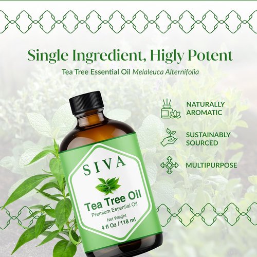 Siva Tea Tree Essential Oil - 100% Natural 4 Fl Oz for Aromatherapy, Skin Care & Hair Care | Dropper Included