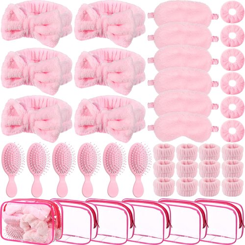 Daifunli 36 Pieces Spa Sleepover Party Favors for Woman 6 Pcs Spa Headband 6 Eye Mask 6 Velvet Scrunchies 6 Pcs Wristband 6 Hair Brush 6 Cosmetic Bags for Adult Slumber Party Gift(Pink)
