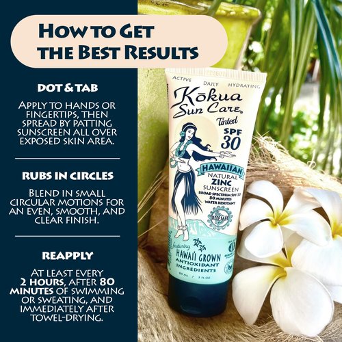 Kokua Sun Care Hawaiian Reef Safe SPF 30 | Zinc Oxide | Tinted Mineral for Face & Body | Sun Protection | Water Resistant | Chemical Free | Natural Ingredients