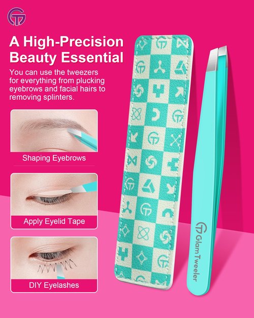 Expert Eyebrow Hair Removal Tweezer with Leather Case, GlamTweeler High Precision Slant Tip Stainless Steel Tweezers for Men and Women (Robin's Egg Blue)