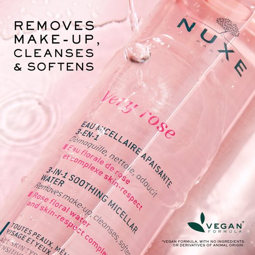Nuxe Very Rose 3-in-1 Micellar Water, Soothing Facial Cleanser and Makeup Remover, with Rose Extract for Face & Eyes, 6.7 Fl Oz