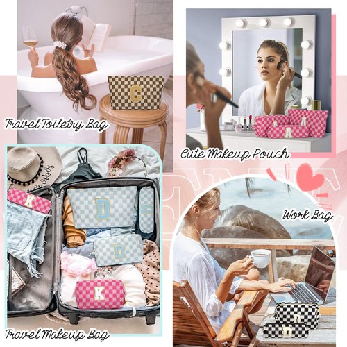 Silongder 3 Pcs Makeup Bag Cosmetic bags for women Large Capacity Checkered Cosmetic Bag Canvas Travel Toiletry Bag Organizer Cute Makeup Bag Mother's Day Birthday Gift for Women (Blue S)
