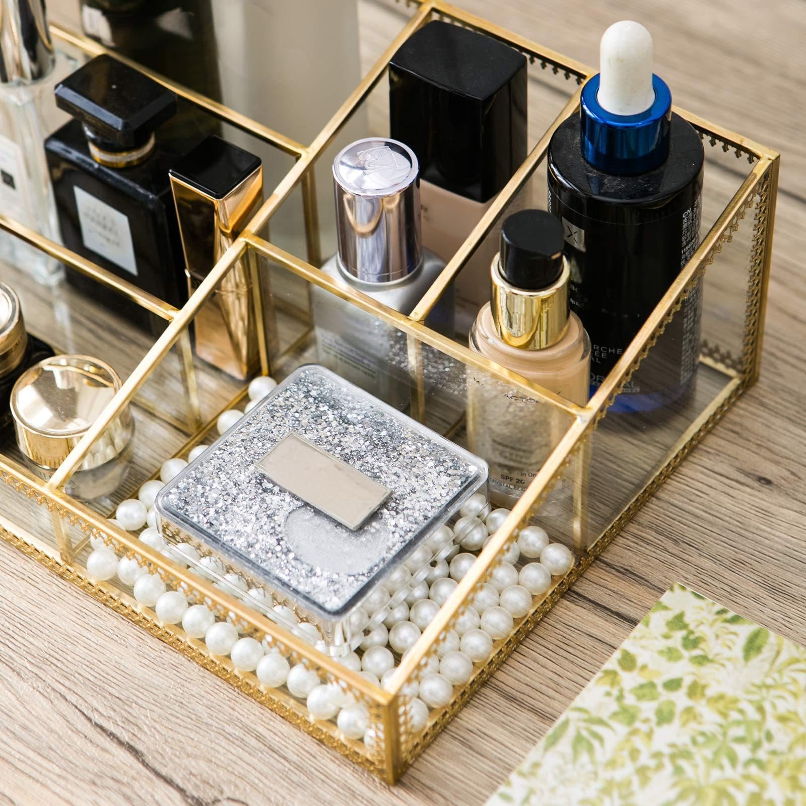 WHSLILR Vintage Gold Makeup Organizer - Glass Makeup Organizer Countertop Organizer for Make-Up Brushes Vanity, Tabletop Organizer Display Case for Bathroom, Vanity, Drawers GJB001
