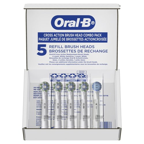 Oral-B CrossAction Electric Toothbrush Replacement Brush Heads, Black, 4 Count + 1 Sensitive White