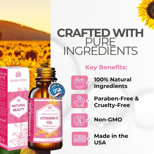 Leven Rose 100% Vitamin E Oil 75,000 IU per oz 100% Natural, Organic, Pure Vitamin E Oil for Skin, Face, Hair, Nails 1oz