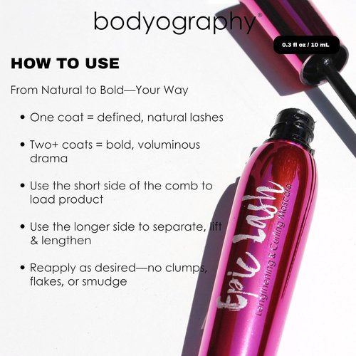 Bodyography Jet-Black Lengthening & Curling Mascara - Dual-Sided Comb Wand for Volume & Lift | Smudge-Free, Buildable Formula