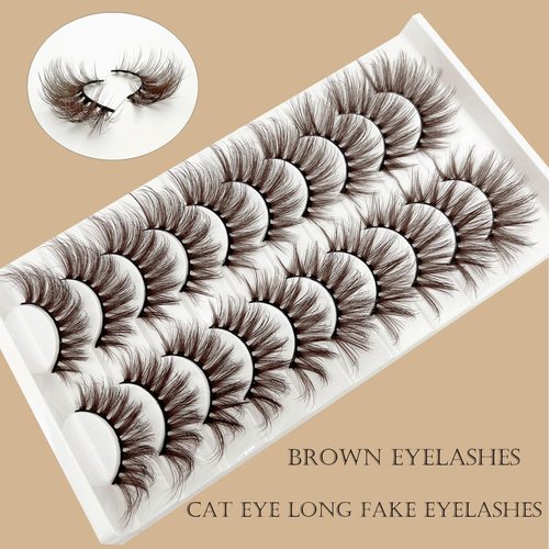 Brown Eyelashes Fairy Lashes Cat Eye Wispy False Eyelashes Mink Fluffy Dramatic Dark Brown Strip Lashes Fox Eye Long Volume Fake Eyelashes 10 Pairs (MQ608)